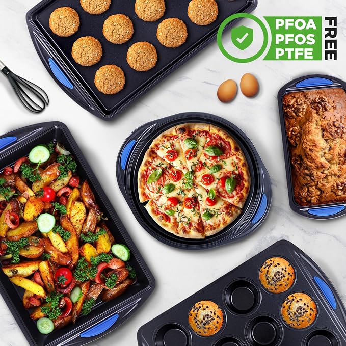 NutriChef 10-Piece Nonstick Bakeware Set - Heavy Duty Carbon Steel Baking Trays w/Silicone Handles - Includes Cookie Sheets, 12-Cup Muffin Pan, Pizza & Loaf Pan, Round & Square Pans - Easy to Clean - Image 4