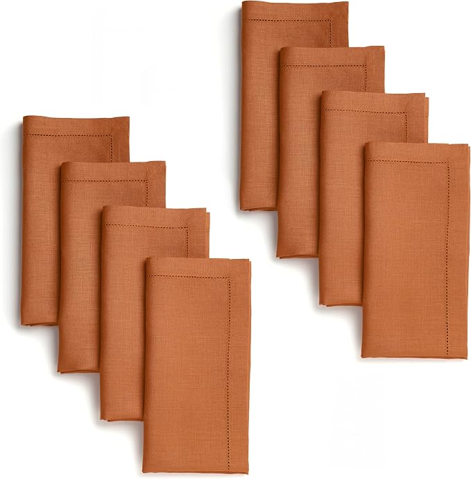 Signature Linen™ by D'Moksha Rust Dinner Napkins Set of 8, 20 x 20 Inch Cloth Napkins, 100% Pure Linen, Hemstitch, Machine Washable Table Napkins- Summer, Weddings, Outdoor hostings by DMokshaHomes