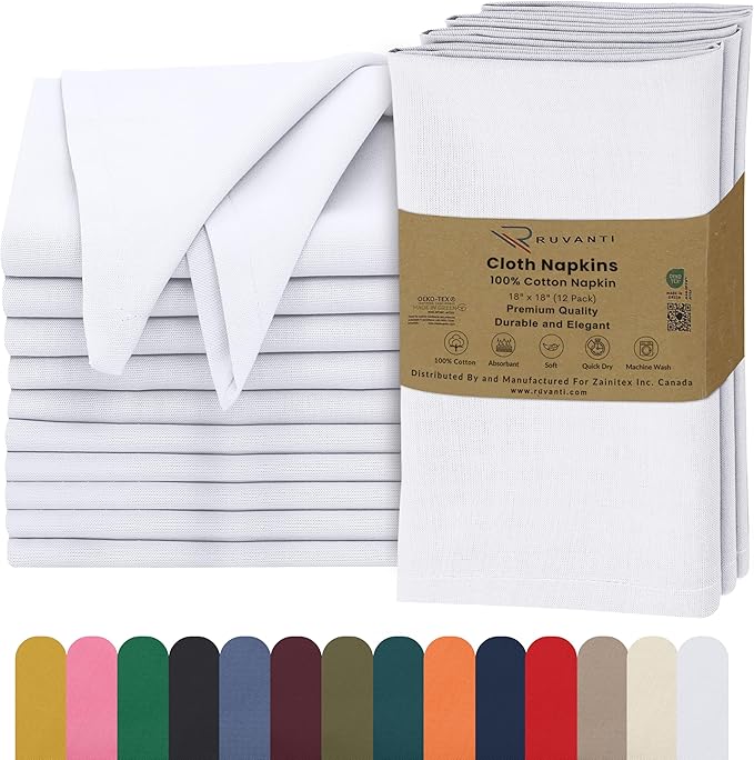 Ruvanti Cloth Napkins Set of 12, 18x18 Inches, 100% Cotton, Washable, Soft & Absorbent, Perfect for Wedding, Christmas, ‎Thanksgiving Dinners - White by Ruvanti