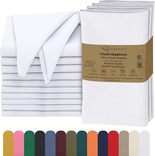Ruvanti Cloth Napkins Set of 12, 18x18 Inches, 100% Cotton, Washable, Soft & Absorbent, Perfect for Wedding, Christmas, ‎Thanksgiving Dinners - White by Ruvanti