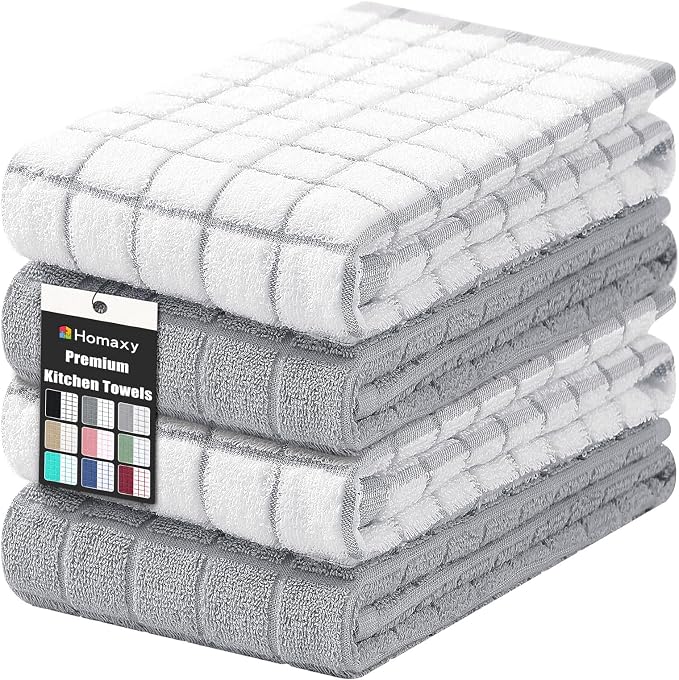 Homaxy Large Premium Cotton Kitchen Towels 16"x 28", 4 Pack, Light Grey | Natural Ring Spun 390 GSM Dish Towels, Super Absorbent Terry Kitchen Hand Towels, Soft Tea Towels with Hanging Loop by Homaxy