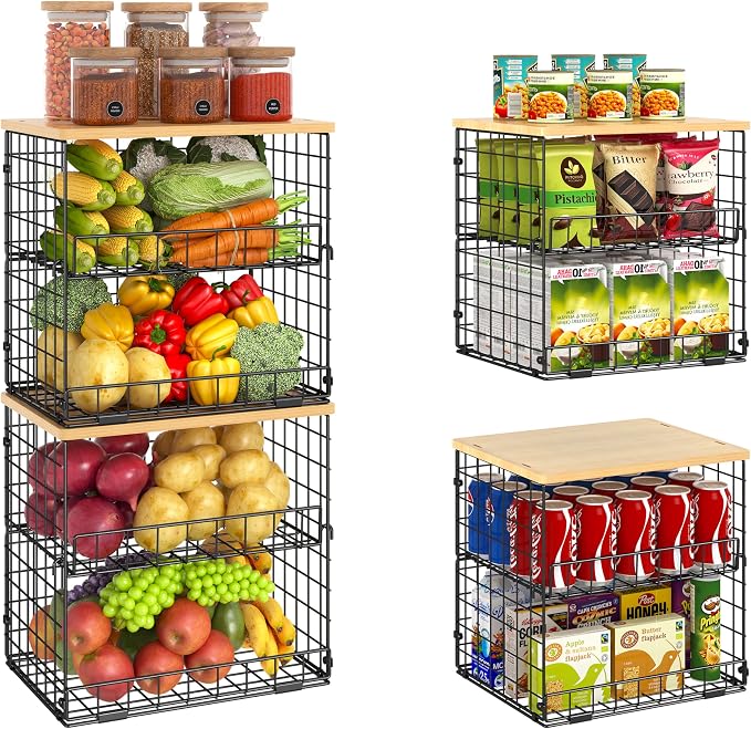 4 Pack Stackable Wire Baskets for Pantry Organizers and Storage, Pantry Baskets with Fixed Wooden Top, Fruit and Vegetable Storage Bins for Organizing Onion Potato Snack for Kitchen Cabinet/Countertop by Huxitocan