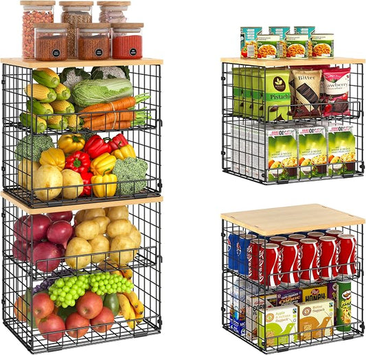 4 Pack Stackable Wire Baskets for Pantry Organizers and Storage, Pantry Baskets with Fixed Wooden Top, Fruit and Vegetable Storage Bins for Organizing Onion Potato Snack for Kitchen Cabinet/Countertop by Huxitocan