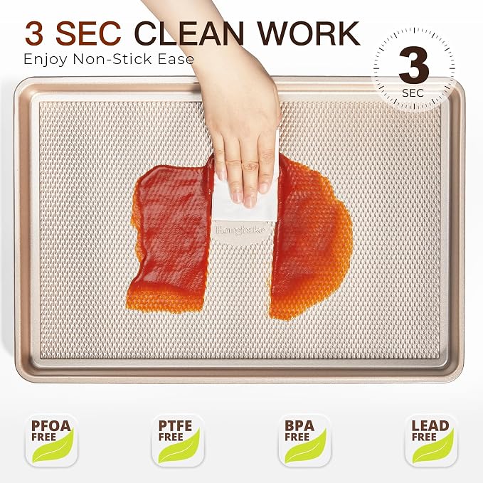 3 Pack Gold Nonstick Baking Sheet Pan Set with Oven Mitts Heat Resistant, Non-Toxic Half/Quarter/Jelly Roll Pans with Diamond Texture Pattern, Heavy Duty 0.8mm Thick Cookie Trays for Cooking - Image 7
