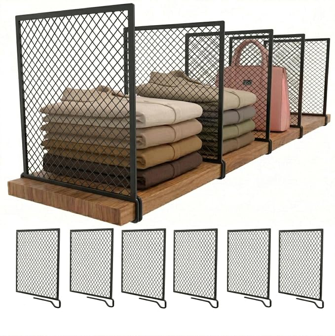 Nexu 6-Pack Metal Mesh Shelf Dividers for Closet Organization, Ultra-Stable Under-Shelf Hook Closet Dividers, Heavy Duty Purse, Handbag & Bag Organizer for Shelving, Clothes, Bedroom, Black by Unknown