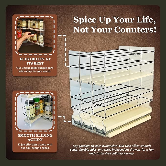 Cabinet Mounted Spice Rack Drawer - Pull Out Cabinet Organizer - Cupboard Organizers & Storage - Pantry Shelves - 30 Reg. Jars, 3 Drawers, 2 Tiers (6.9" W x 10.75" H x 10.6" D, Cream) - Image 2