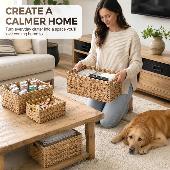 M4DECOR Set of 4 Water Hyacinth Storage Baskets for Shelves – Handwoven Wicker Baskets for Organizing, 4 Sizes (S/M/L/Jumbo) - Image 6