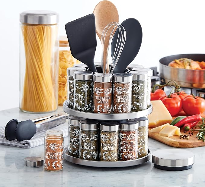 Kamenstein Salem 20-Jar Rotating Spice Rack with Spices Included, Stainless Steel Countertop Organizer with Sifter Caps and Tool Caddy, Spice Set for Kitchen Organization - Image 6
