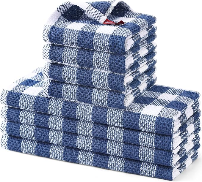 Homaxy Kitchen Towels and Dishcloths Set, Set of 8, Blue & White | Bulk Cotton Waffle Weave Check Plaid Kitchen Towels, Super Soft and Absorbent Dish Cloths, 12 x 12 and 13 x 28 Inches by Homaxy