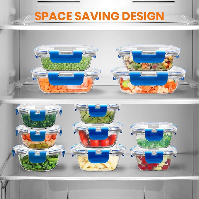 24-Piece Glass Food Storage Containers - Stackable Superior Glass Meal-prep Containers w/Newly Innovated Hinged BPA-Free 100% Leakproof Locking Lids - Freezer-to-Oven-Safe - NutriChef NCGLBU.5 (Blue) - Image 5