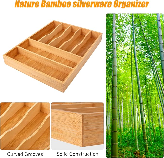 Bamboo Silverware Drawer Organizer, Kitchen Utensil Drawer Organizers, 12"x15.7" Utensils Holder Cutlery Tray with Grooved Drawer Dividers for Kitchen Flatware Bedroom Office(7 Slot, Natural) - Image 5
