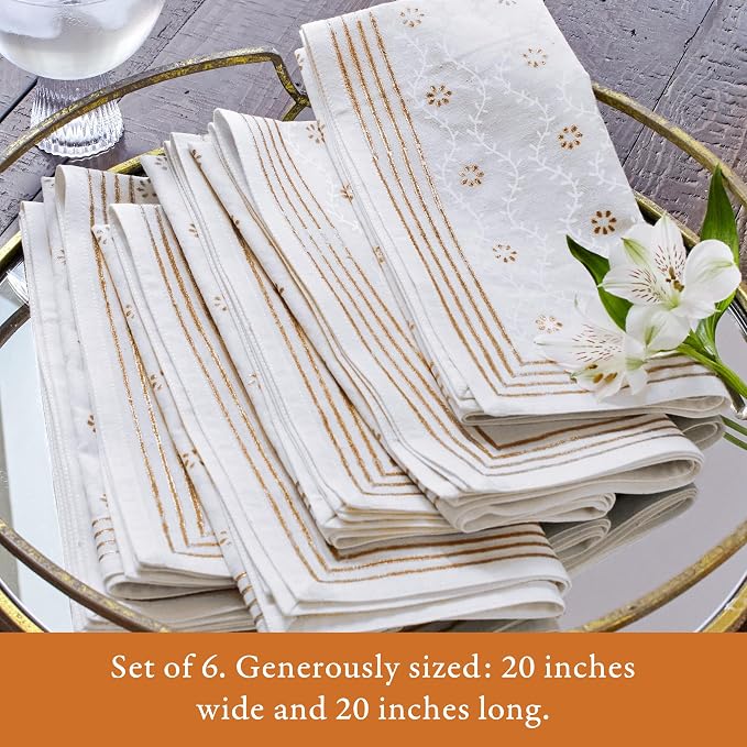 100% White Cotton Dinner Napkins, Set of 6, Hand Printed Vanilla Glace Design, Fair Trade, Washable Cloth Napkins for Parties & Cocktails 20x20 in - Image 6