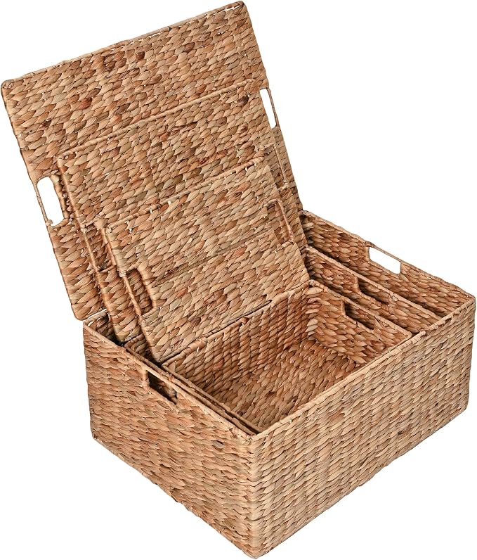 happimess Brooks 3-Piece Woven Hyacinth Storage Basket Set 22", Natural | Classic Farmhouse Style, Rectangular Nesting Wicker Containers, Integrated Handles, Hinged Lids, Iron Metal Frame - Image 6