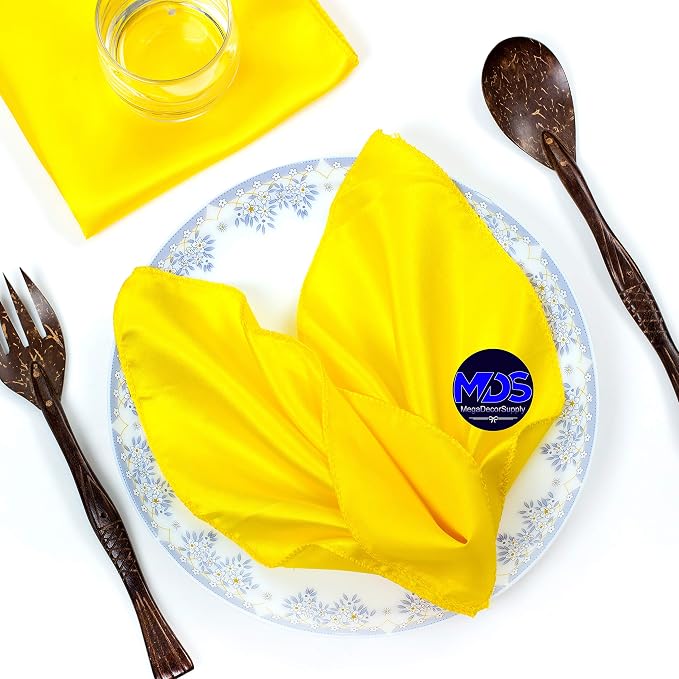 Set of 100 PCS Satin Napkin 12x12 Inch Square, Dinner Table Napkins for Wedding, Bulk Silky Sateen Cloth Napkins for Restaurant Banquet Graduation Birthday Party Decoration - Yellow by MDS