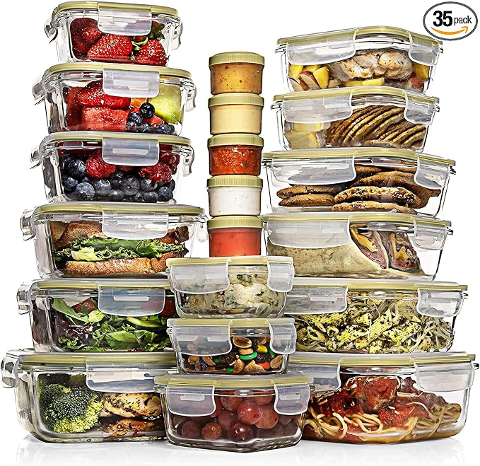 Razab 35 Pc Set Glass Food Storage Containers with Lids - Meal Prep Airtight Bento Boxes BPA-Free 100% Leak Proof (15 lids,15 glass & 5 Plastic Sauce/Dip Containers) by RazabHomeGoods