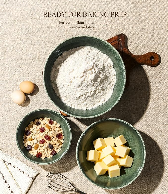 GBhome Ceramic Mixing Bowls Set of 3, Stoneware Nesting Serving Bowls, | 45/90/150 oz For Prep, Baking, Serving, Gift, Microwave and Dishwasher Safe, Ribbed Dishware Collection,Dark Green - Image 2