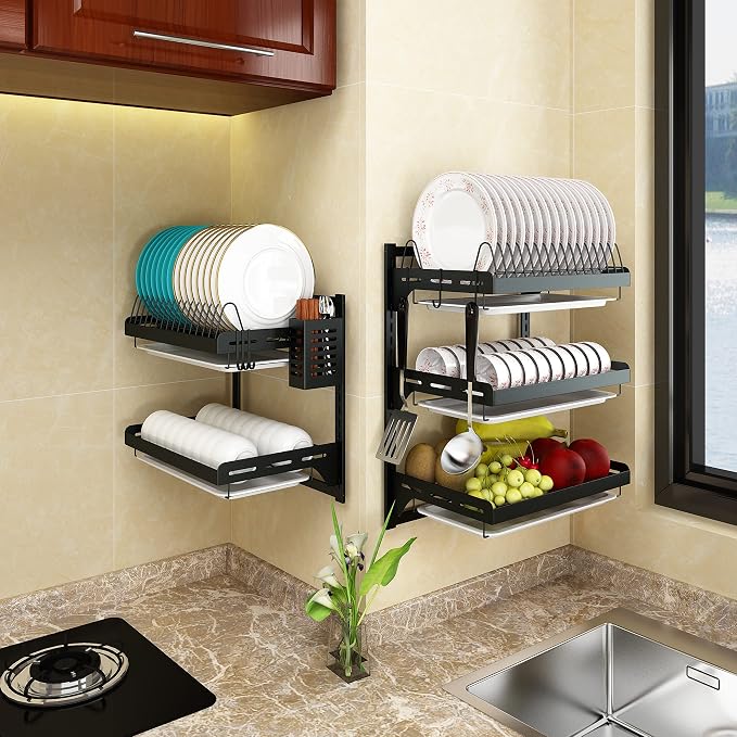 Wall Mounted Stainless Steel Dish Drying Rack Fruit Vegetable Storage Basket with Drainboard and Hanging Chopsticks Cage Knife Holder Kitchen Supplies Shelf Utensils Organizer (2-Tier) - Image 6