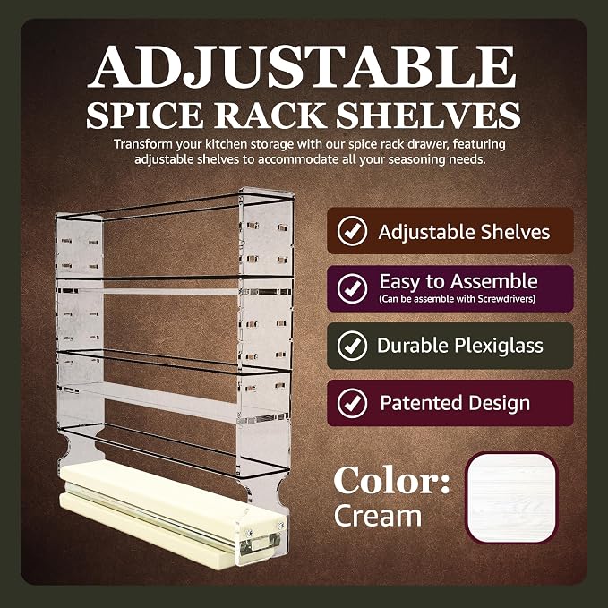 Adjustable Spice Rack Drawer - Pull Out Cabinet Organizer - Kitchen and Pantry Organizers and Storage - Spice Caddy - 1 Drawer, 2 Upper Tier (2.3" W x 11.25" H x 10.6" D, Cream) - Image 2