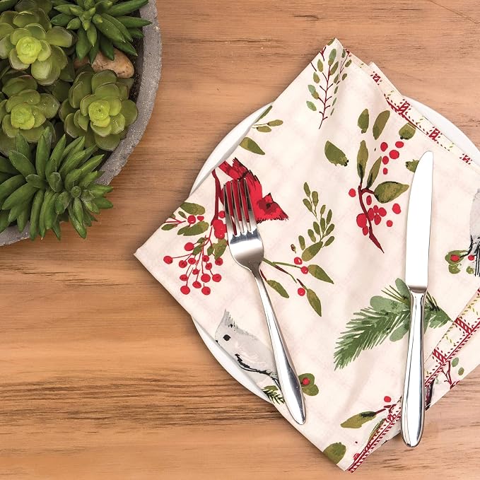 Red Cardinal & Evergreen 100% Cotton Set of 6 Cloth Napkins | Christmas Decor, Gift Idea - Image 3