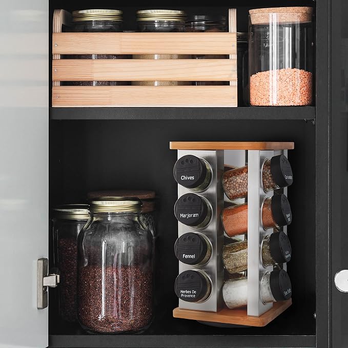 Kamenstein 16 Jar Warner Revolving Countertop Spice Rack Organizer with Lift & Pour Caps and Spices Included, FREE Spice Refills for 5 years, Stainless Steel & Bamboo with Black Caps - Image 5
