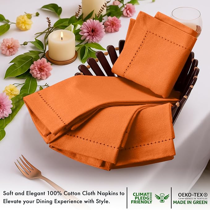 Ruvanti Cloth Napkins Set of 12, 100% Cotton High GSM 18x18 Inches, Hem Stitched Corners, Soft, Washable, Highly Durable & Absorbent, Perfect for Parties, Christmas, Thanksgiving Dinners – Orange Peel - Image 4