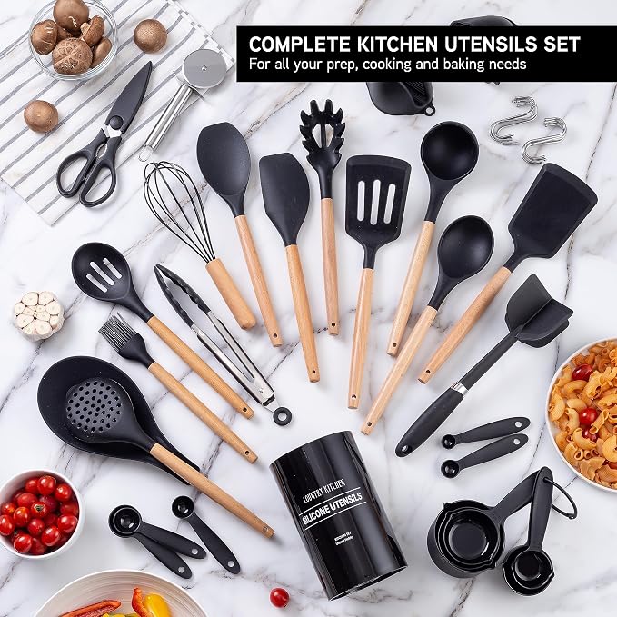 Country Kitchen Non Stick Silicone Utensil Set with Rounded Wood Handles for Cooking and Baking, 38 Piece Set, Black - Image 3