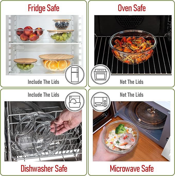 Stackable Space-Saving Set of 5 Nesting Glass Bowls with Bamboo Lids for Foodprep, Storage, Baking, Mixing & Cooking, Microwave & Oven Safe BPA Free Heat Resistant Inert Borosilicate Glass - Image 6