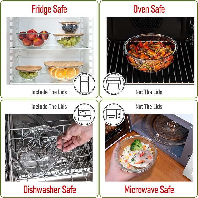 Stackable Space-Saving Set of 5 Nesting Glass Bowls with Bamboo Lids for Foodprep, Storage, Baking, Mixing & Cooking, Microwave & Oven Safe BPA Free Heat Resistant Inert Borosilicate Glass - Image 6