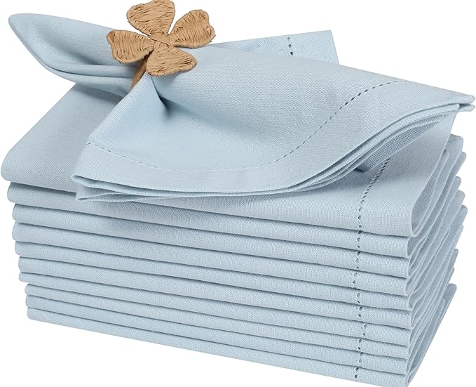 Bedding Craft Hemstitched Cotton Cloth Dinner Napkins Set of 12 – 18x18 Winter Sky Blue – Machine Washable Reusable Fabric Napkins for Weddings, Parties & Everyday Dining by BeddingCraft
