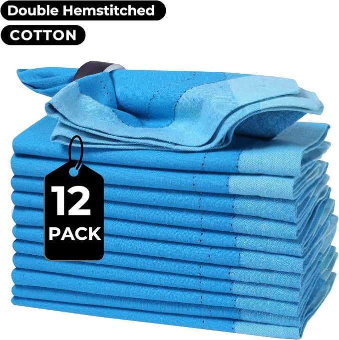Bedding Craft Cotton Cloth Napkins Set of 12 – 20x20 Teal Blue Multi Double Hemstitched – Machine Washable Dinner Napkins for Weddings, Parties & Father’s Day Celebrations - Image 4