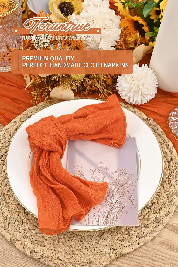 42 Packs Gauze Cheesecloth Napkins Orange 20 x 20 Inch Burnt Orange Wrinkled Dinner Napkins, Rustic Boho Soft Cloth Napkin for Wedding Party Event Dinner Table Decoration - Image 5