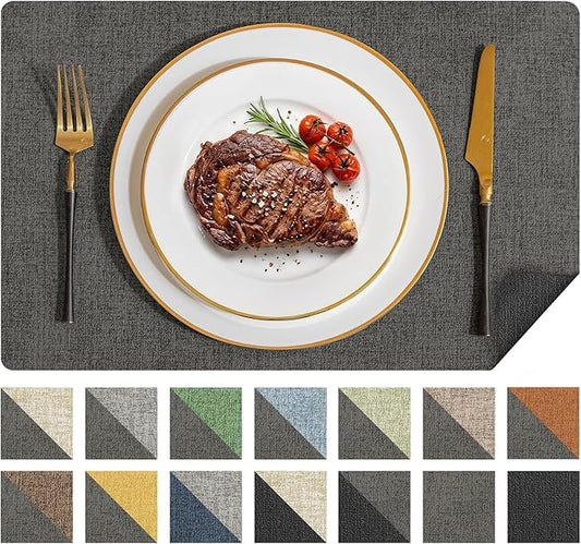 Romanstile Vinyl Placemats Set of 6, Reversible Faux Leather Heat Resistant Wipeable Table Mats, Waterproof Washable Non-Slip Table Placemats for Dining/Kitchen/Party/Outdoor (Grey Black, 12" x 17") by Romanstile