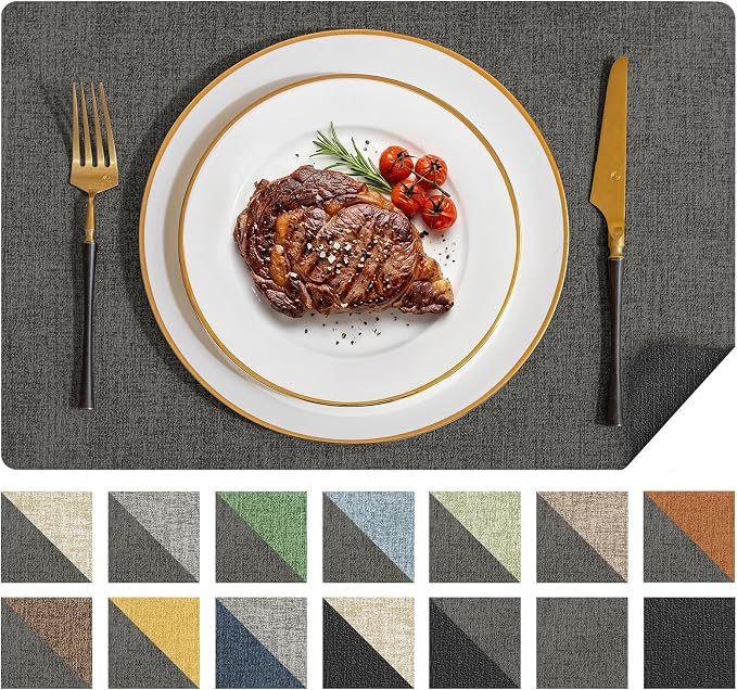 Romanstile Vinyl Placemats Set of 4, Reversible Faux Leather Heat Resistant Wipeable Table Mats, Waterproof Washable Non-Slip Table Placemats for Dining/Kitchen/Party/Outdoor (Grey Black, 12" x 17") by Romanstile