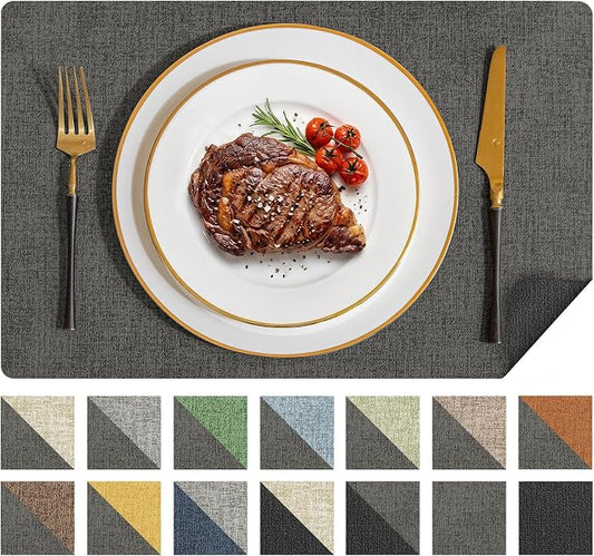 Romanstile Vinyl Placemats Set of 4, Reversible Faux Leather Heat Resistant Wipeable Table Mats, Waterproof Washable Non-Slip Table Placemats for Dining/Kitchen/Party/Outdoor (Grey Black, 12" x 17") by Romanstile