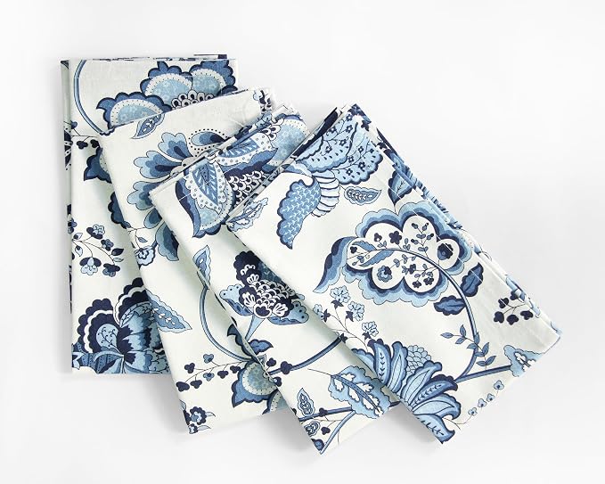 Premium Cotton Cloth Napkins Set of 4, 18x18 Inch Reusable Dinner Napkins, Soft Washable Oversized Fabric Napkins for Dining Table, Weddings, Parties & Everyday Use, Blue Floral by TARANLIVING