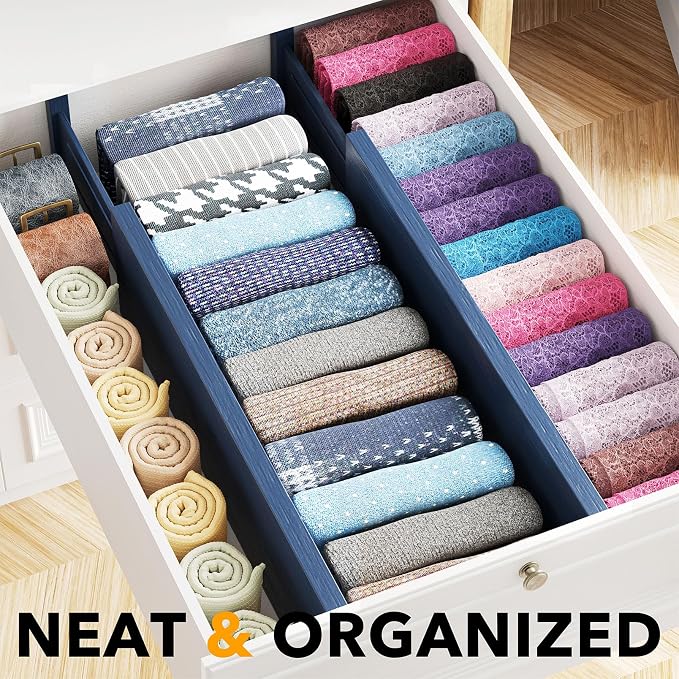 SpaceAid Bamboo 4 Pack Dresser Drawer Dividers, 4.65“ High Adjustable 17“-22” Drawer Organizers, Expandable Organization for Clothing, Clothes, Dressers, Navy Blue - Image 2