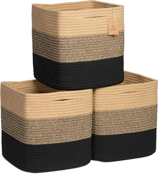 NaturalCozy Storage Cubes 11 Inch Cotton Rope Woven Baskets for Organizing, 3-Pack | Cube Storage Bin | Square Storage Baskets for Shelves Organizer, Classroom, Kids Toy Bins, Closet, Baby Nursery by NaturalCozy