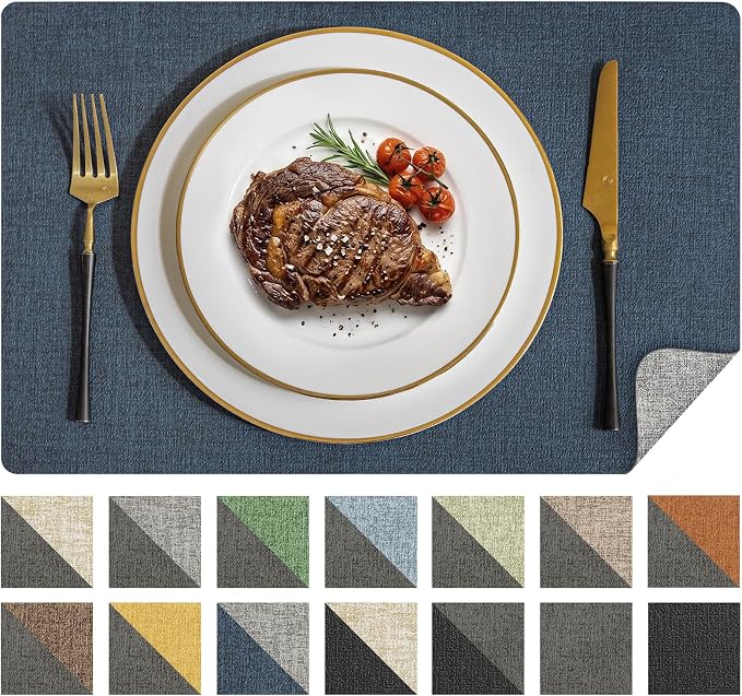 Romanstile Vinyl Placemats Set of 8, Reversible Faux Leather Heat Resistant Wipeable Table Mats, Waterproof Washable Non-Slip Table Placemats for Dining/Kitchen/Outdoor (Grey Nave Blue, 12" x 17") by Romanstile