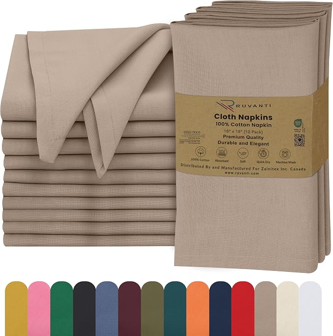 Ruvanti Cloth Napkins Set of 12, 18x18 Inches, 100% Cotton, Washable, Soft & Absorbent, Perfect for Wedding, Christmas, ‎Thanksgiving Dinners - Light Taupe by Ruvanti