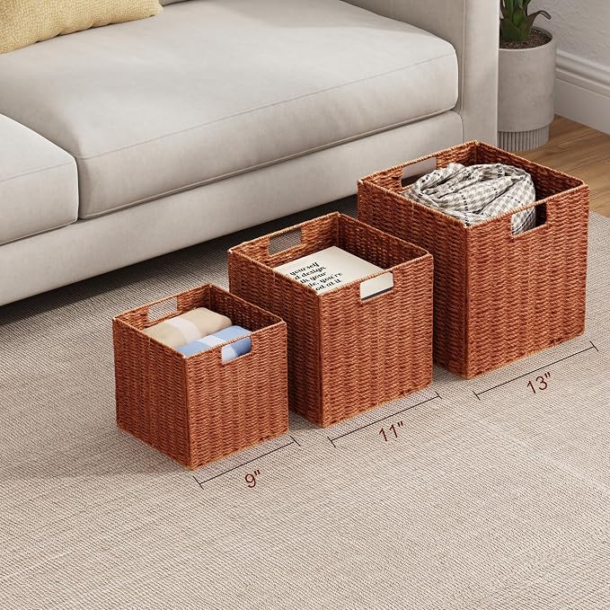 Wicker Storage Basket, Set of 2 Hand-Woven Paper Rope Wicker Basket, Foldable Cube Storage Bins, 9 inch Square Storage Baskets for Organizing Shelves & Decor, Orange (9″×9″×9″) - Image 4