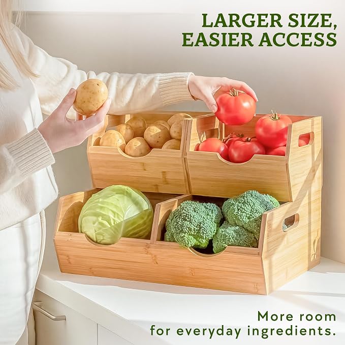 HOMESTEAD Extra Large Bamboo Pantry Storage Bins – 30% Larger, Stackable Potato Onion Storage Bin, Large Pantry Organizers and Storage, Produce Vegetable Organizer, Set of 3 - Image 7
