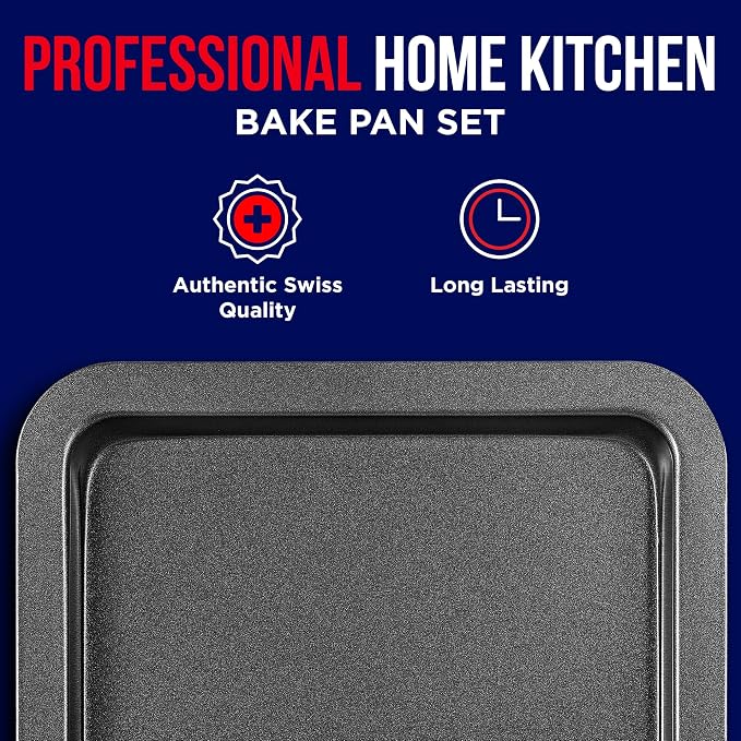 3 Piece Set Nonstick Carbon Steel Oven Bakeware -Professional Quality Kitchen Cooking Baking Trays -PFOA, PFOS, PTFE-Free Small, Medium & Large Baking Sheet Pans - Image 3
