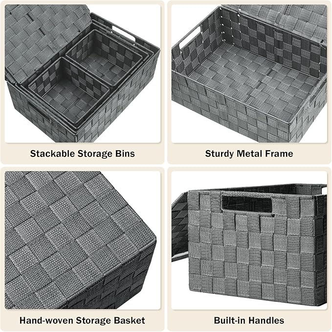 Storage Baskets with Lids: 5 Pack Stackable Woven Storage Bins, Grey | Decorative Woven Baskets for Organizing with Built-In Handles for Shelves, Closets, Cabinets and Cubbies, Gift Small Basket - Image 4