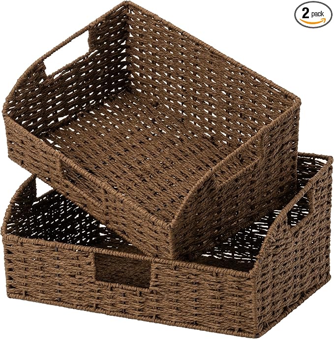 StorageWorks Pantry Baskets for Organizing, Brown Storage Baskets, 2-Pack | Paper Rope Wicker Storage Baskets for Shelves with Handles, Pantry Organizers and Storage, Shelf Baskets for Organizing by StorageWorks