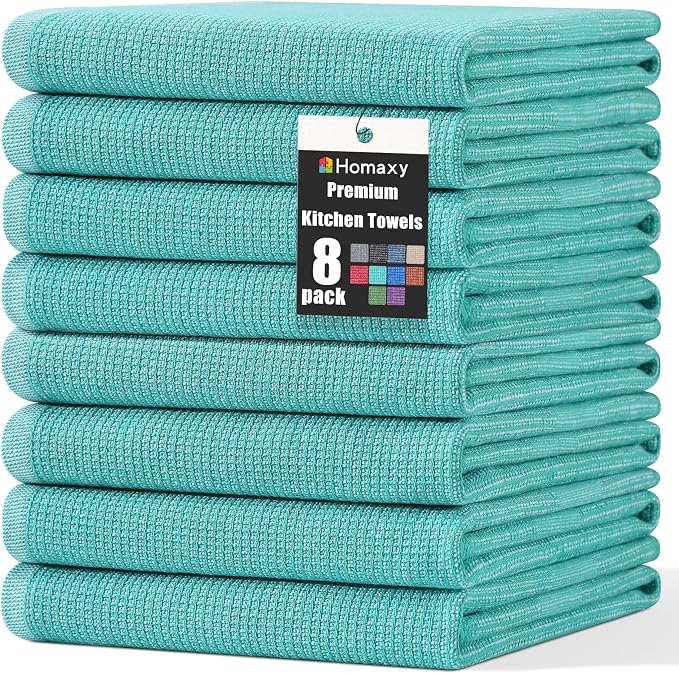 Homaxy 380 GSM Cotton Premium Kitchen Towels 8 Pack, 18"x 28", Teal | Flat and Terry Dish Towels, Highly Absorbent Tea Towel Set with Hanging Loop, Soft Utility Kitchen Hand Towels by Homaxy