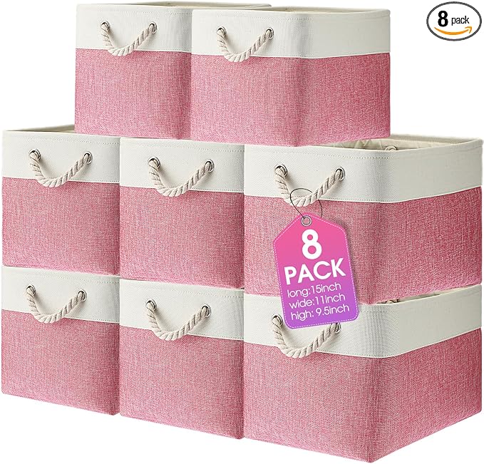 meekoo 8 Pack Collapsible Storage Bins Fabric Storage Bins Polyester Fabric Baskets with Handles Linen Closet Organizer for Shelf Home Closet Towels Toys(15 x 11 x 9.5 in,Pink White) by meekoo