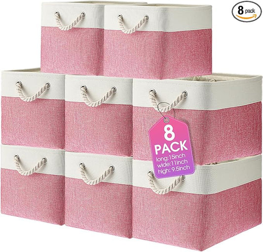 meekoo 8 Pack Collapsible Storage Bins Fabric Storage Bins Polyester Fabric Baskets with Handles Linen Closet Organizer for Shelf Home Closet Towels Toys(15 x 11 x 9.5 in,Pink White) by meekoo