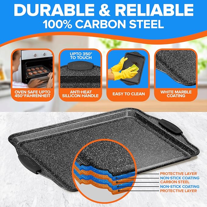 Emporio Kitchen Baking Pan Set - Nonstick Coating, Carbon Steel Bakeware Set with Gray Silicone Handles, PFOA, PFOS, PTFE Free, Recipe Booklet Included, Oven Safe Tray (Up To 450° F), Set of 25 - Gray - Image 3
