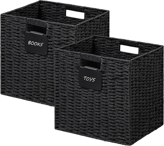 UBBCARE 2 Pack Wicker Basket, 10.5×10.5 Storage Cubes with Label, Foldable Cube Storage Bin with Handle, Square Storage Basket for Shelves, Woven Paper Rope Basket for Organizing, Black by UBBCARE