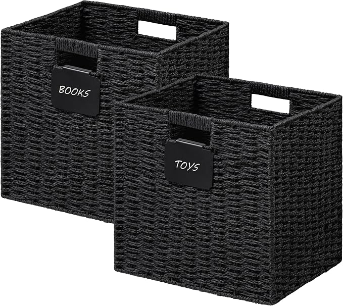 UBBCARE 2 Pack Wicker Basket, 13×13 Storage Cubes with Label, Foldable Cube Storage Bin with Handle, Square Storage Basket for Shelves, Woven Paper Rope Basket for Organizing, Black by UBBCARE